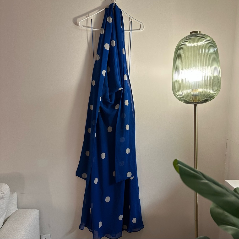 ZARA Blue Polka Dot Halter Backless Maxi w/ Neck Scarf Tie - Picture 5 of 6